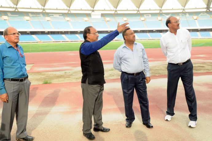 India's Sports Minister Vijay Goel inspects Jawaharlal Nehru Stadium in ...
